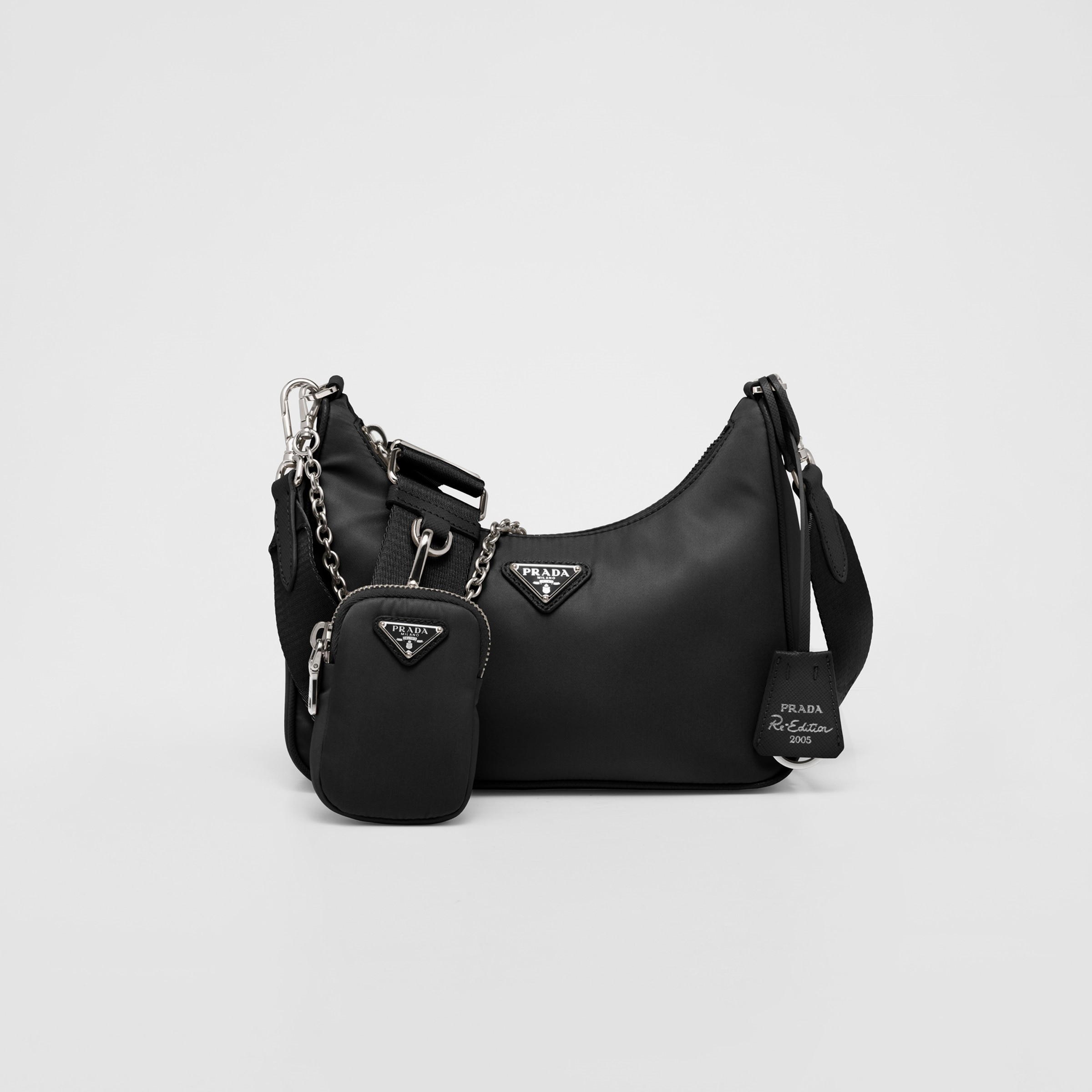RE-NYLON SHOULDER BAG, RECYCLED POLYAMIDE – BLACK / SILVER