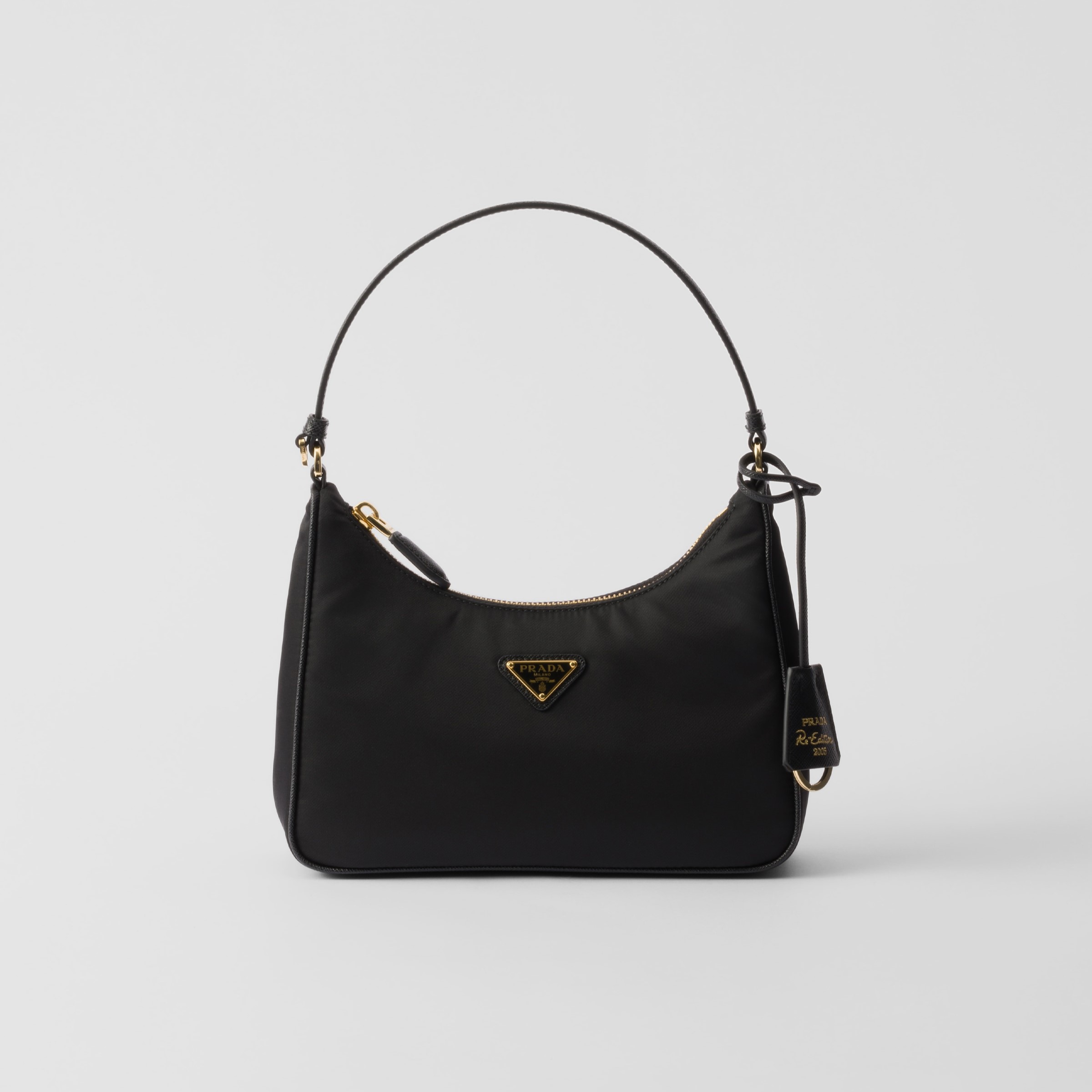 RE-NYLON AND SAFFIANO MINI BAG, RECYCLED POLYAMIDE – BLACK / GOLD