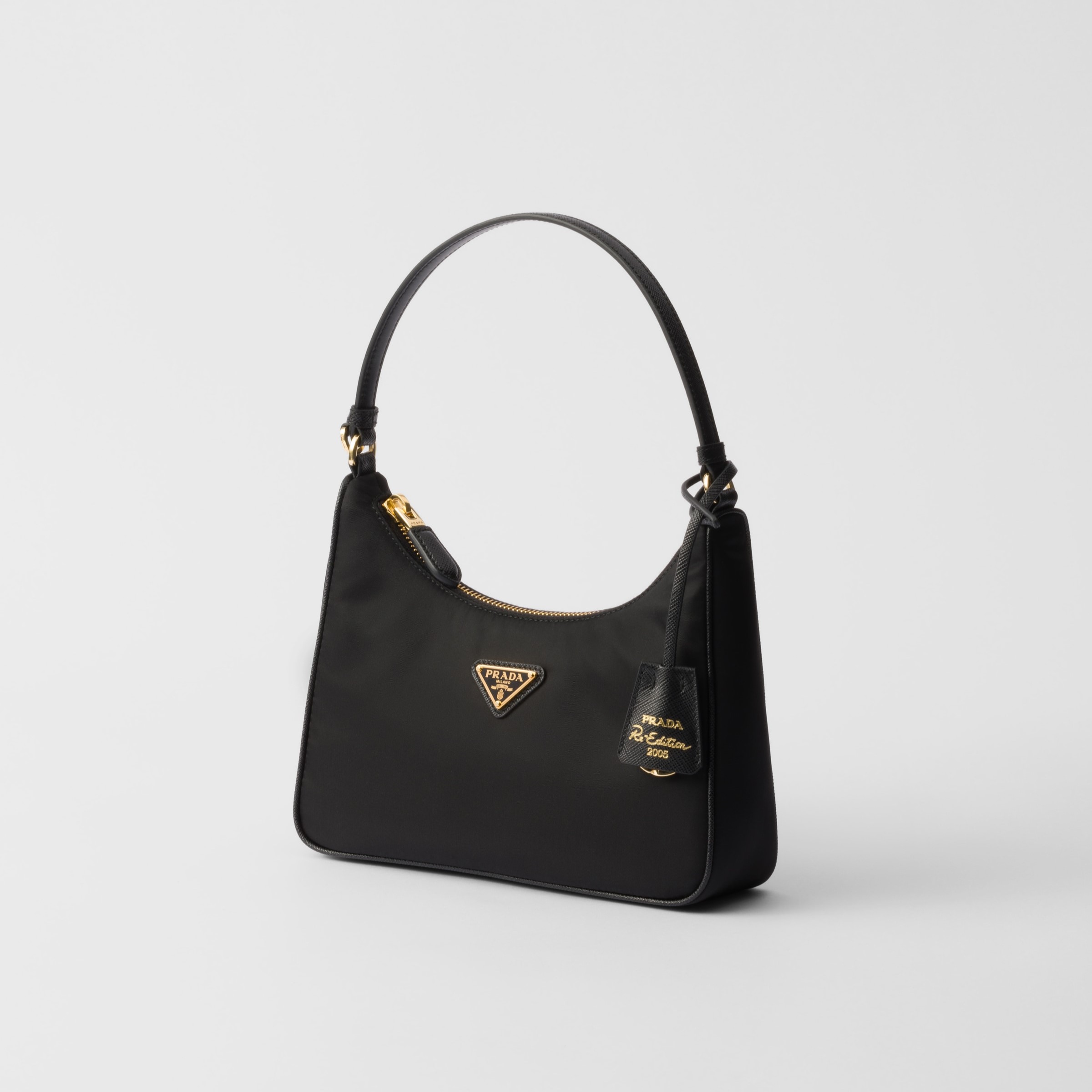 RE-NYLON AND SAFFIANO MINI BAG, RECYCLED POLYAMIDE – BLACK / GOLD