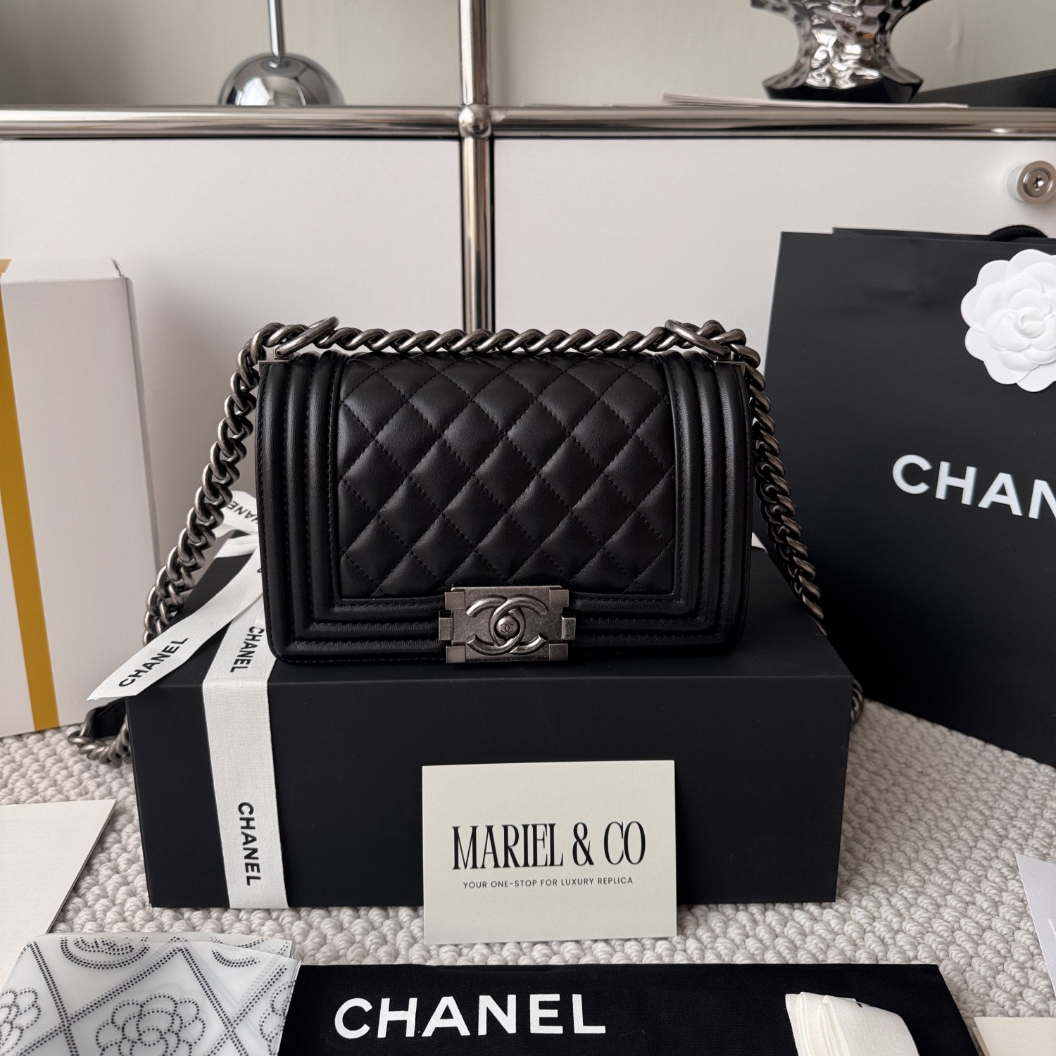 SMALL BOXY FLAP BAG, CALFSKIN – BLACK