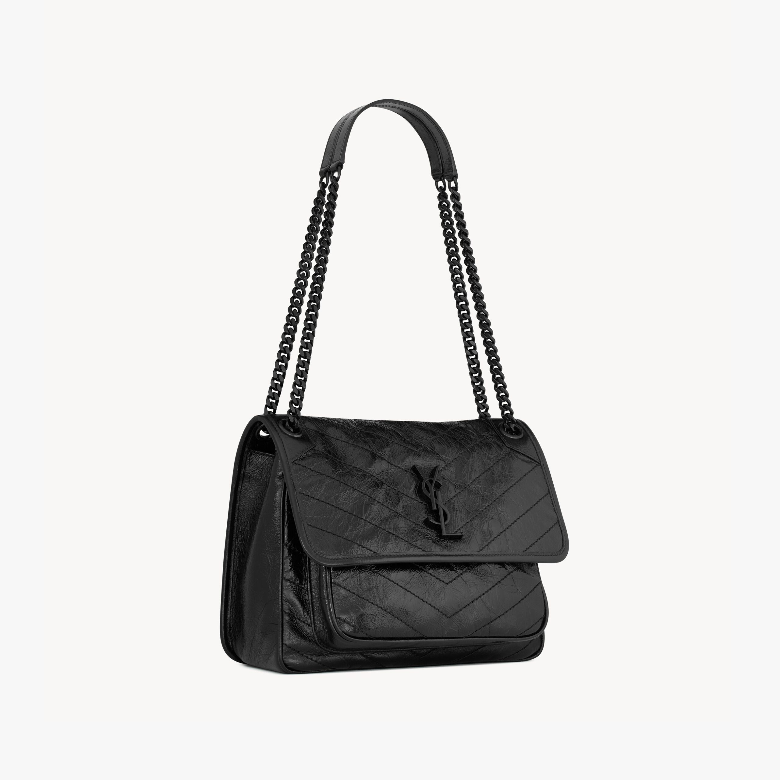 MEDIUM SHOULDER BAG, GRAINED LAMBSKIN – BLACK