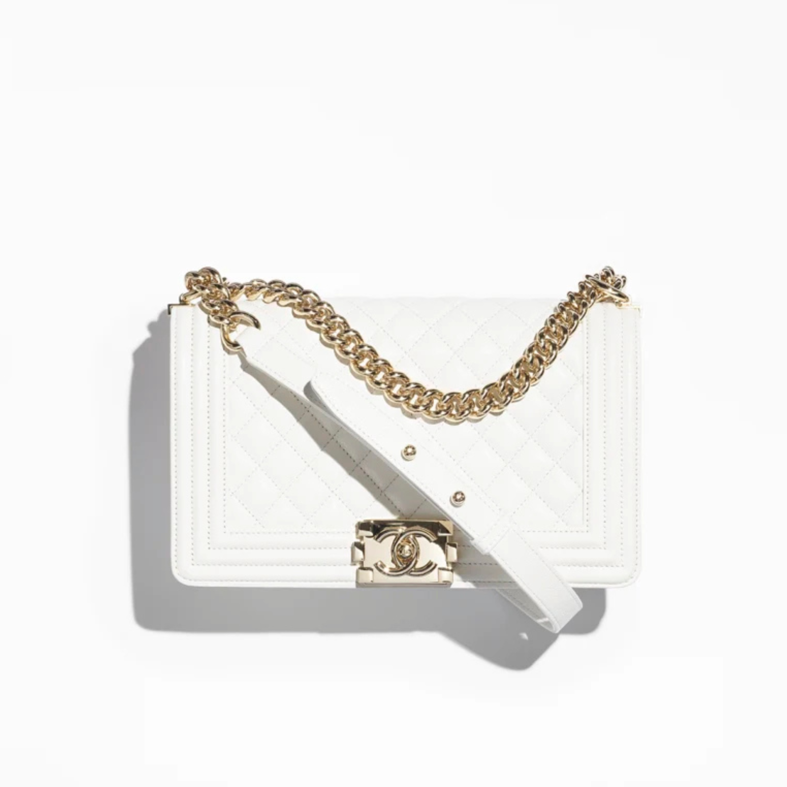 BOXY FLAP BAG, GRAINED CALFSKIN – WHITE