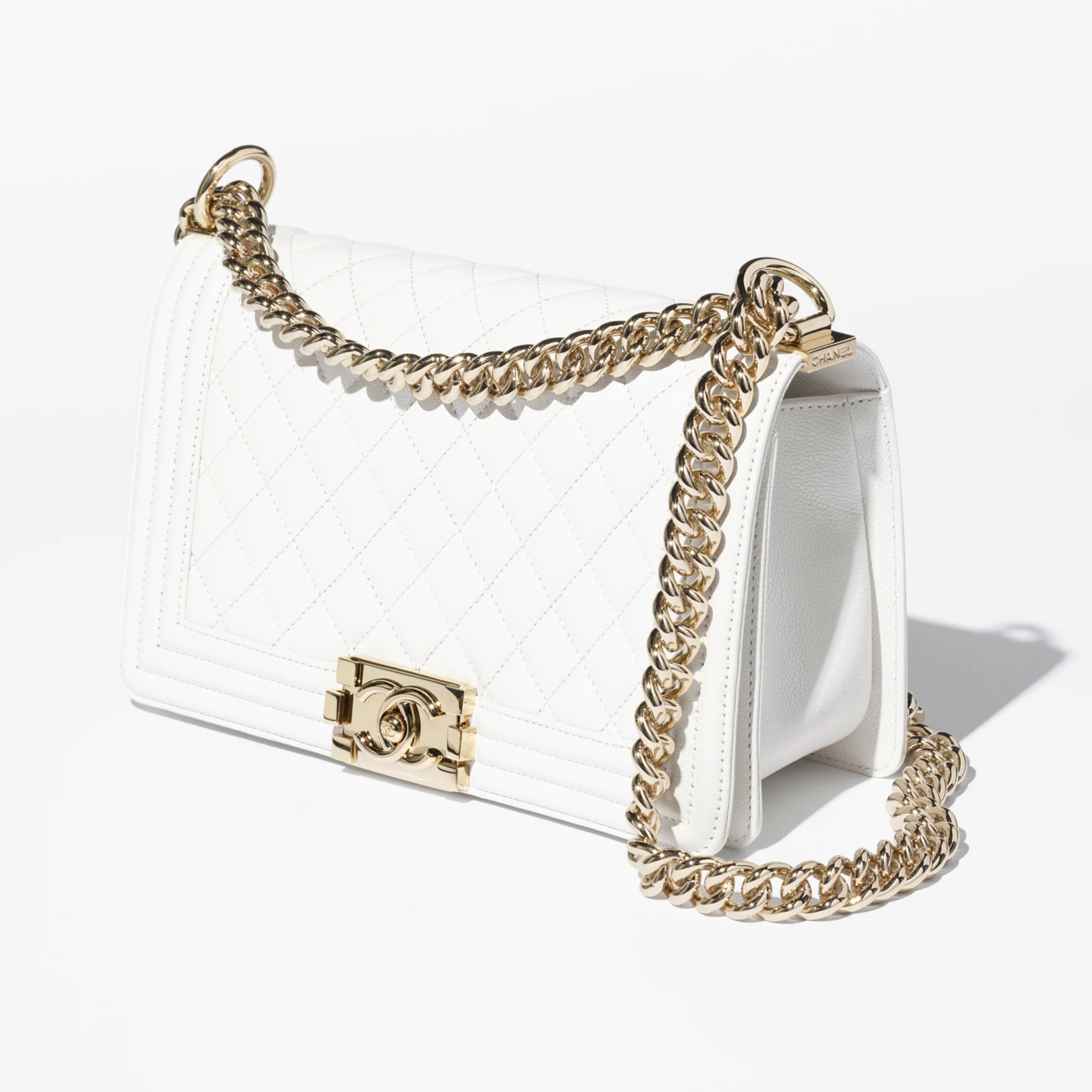 BOXY FLAP BAG, GRAINED CALFSKIN – WHITE